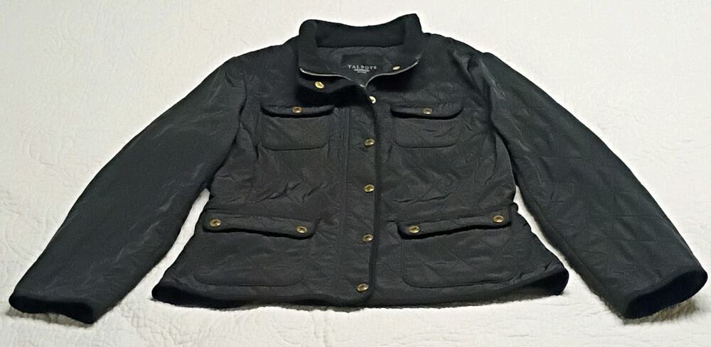 Talbots Petites Quilted Barn Jacket Coat Black Gold Snap Buttons Zip Medium PM